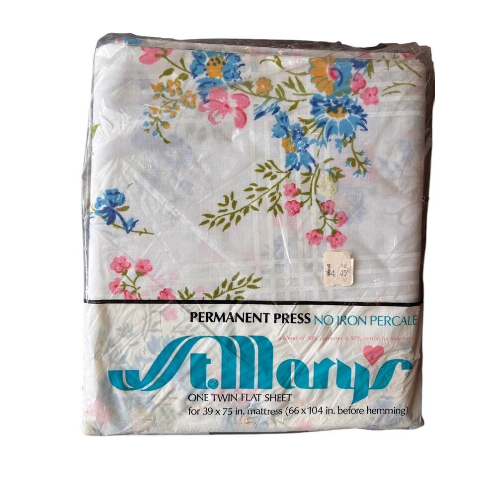 VINTAGE St Marys FLORAL Harvest TWIN SHEET FLAT NO IRON Permanent Press Percale